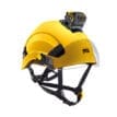 Gul hjälm med pannlampa och Pixadapt.