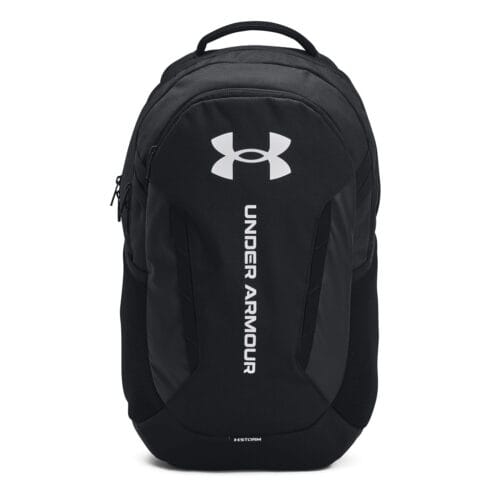 utsida av en svart Under Armour Hustle 6.0 träningsväska med datorfack (unisex)